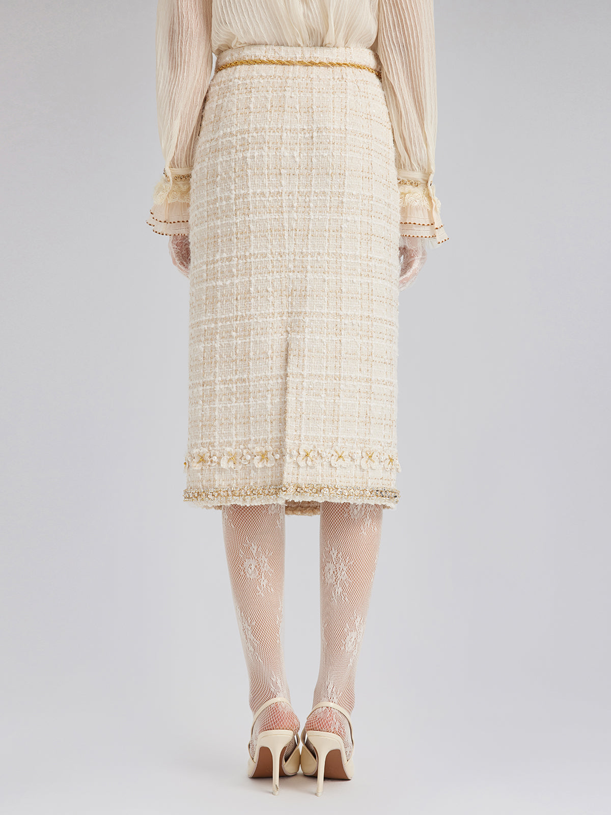 Two-Tone Check Tweed Hand-Beaded Floral Skirt