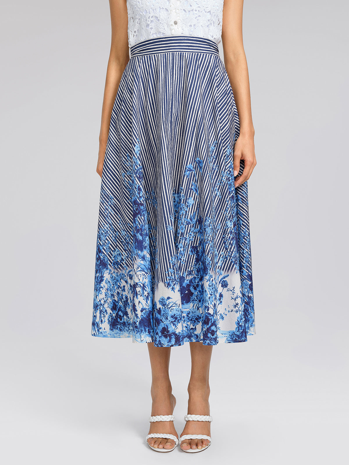 Cotton Stripe Floral Patchwork High-Waist Flare Skirt