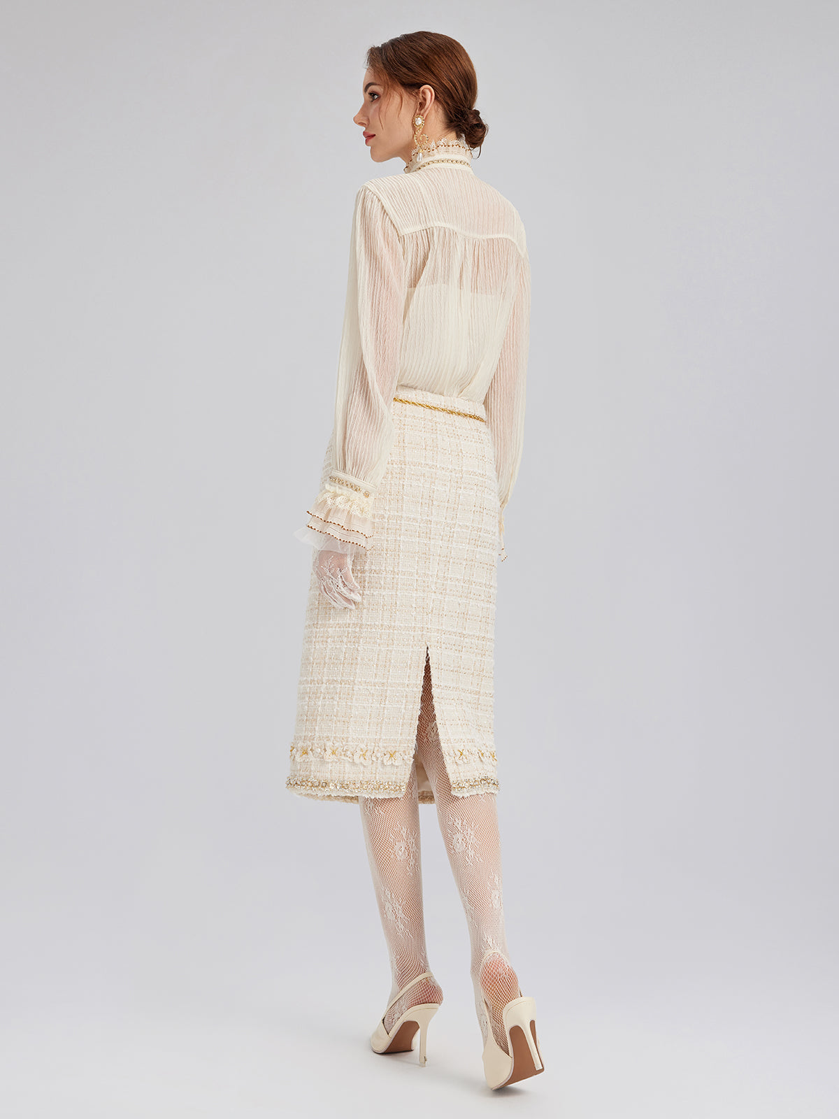 Two-Tone Check Tweed Hand-Beaded Floral Skirt