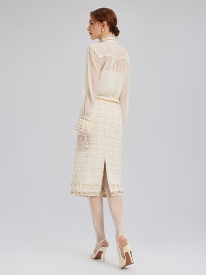 Two-Tone Check Tweed Hand-Beaded Floral Skirt