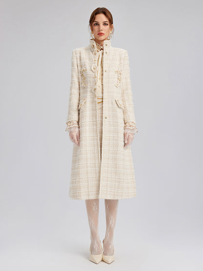 Two-Tone Check Tweed Hand-Beaded Floral Coat