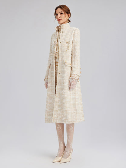 Two-Tone Check Tweed Hand-Beaded Floral Coat