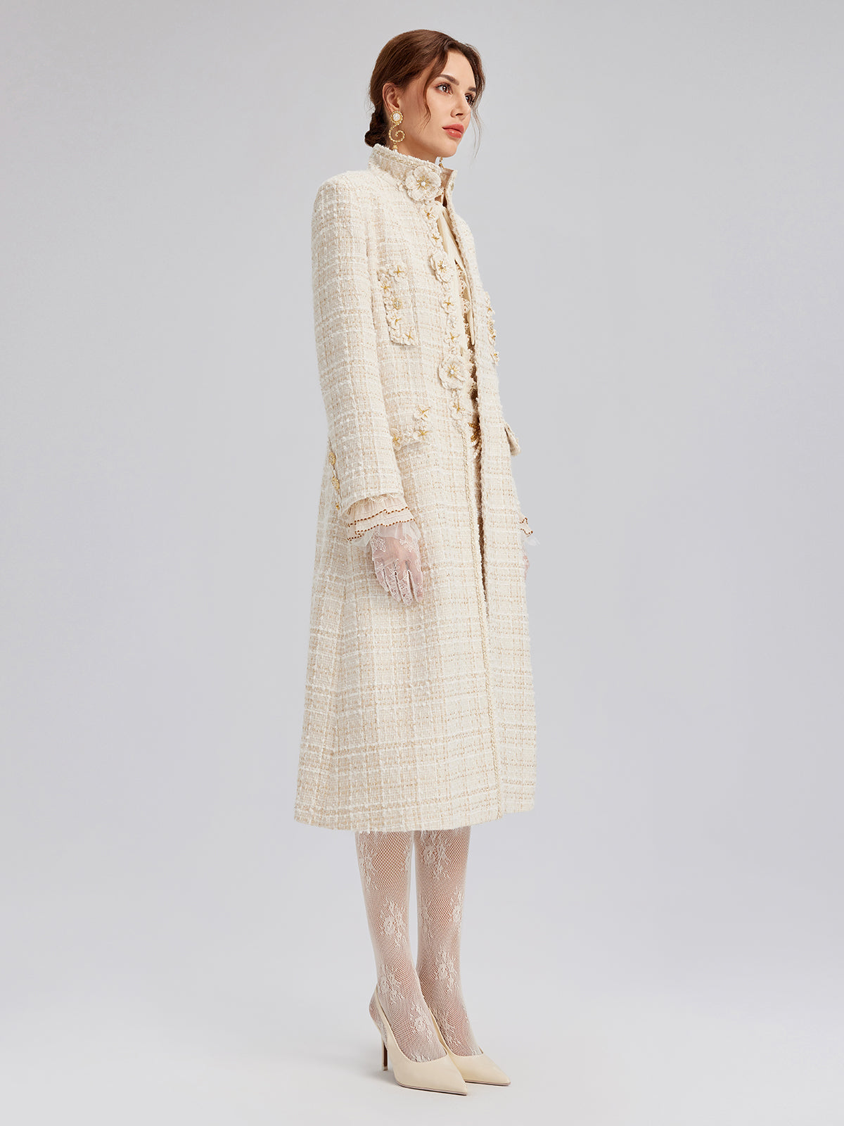 Two-Tone Check Tweed Hand-Beaded Floral Coat