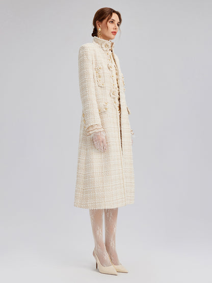 Two-Tone Check Tweed Hand-Beaded Floral Coat