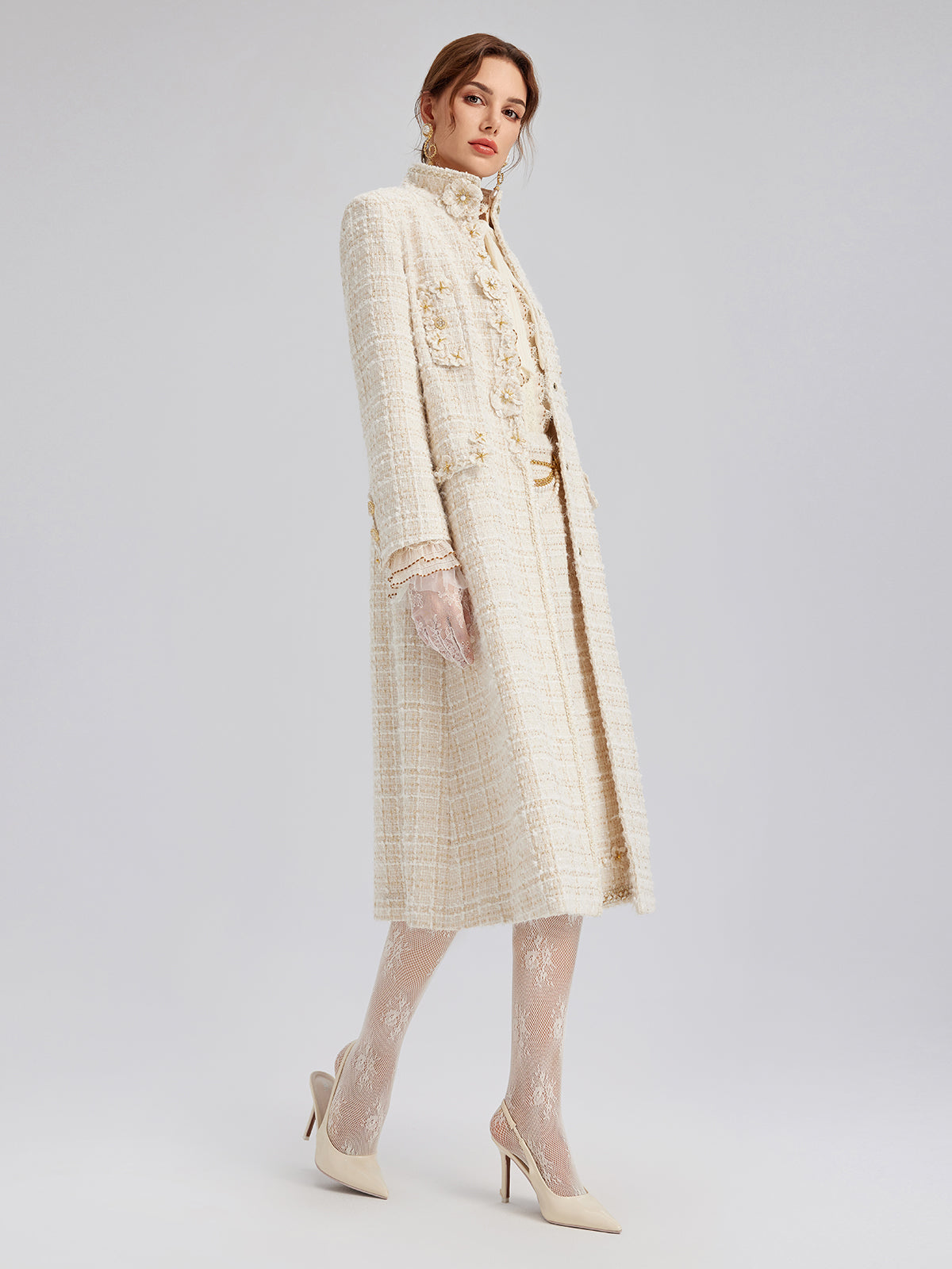 Two-Tone Check Tweed Hand-Beaded Floral Coat