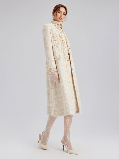 Two-Tone Check Tweed Hand-Beaded Floral Coat