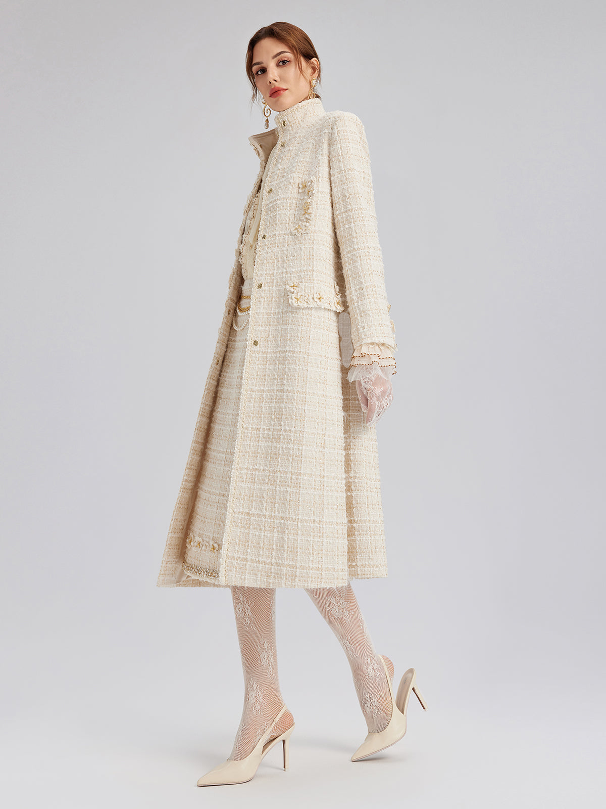 Two-Tone Check Tweed Hand-Beaded Floral Coat