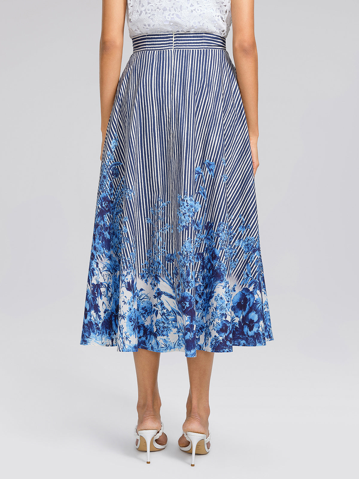 Cotton Stripe Floral Patchwork High-Waist Flare Skirt