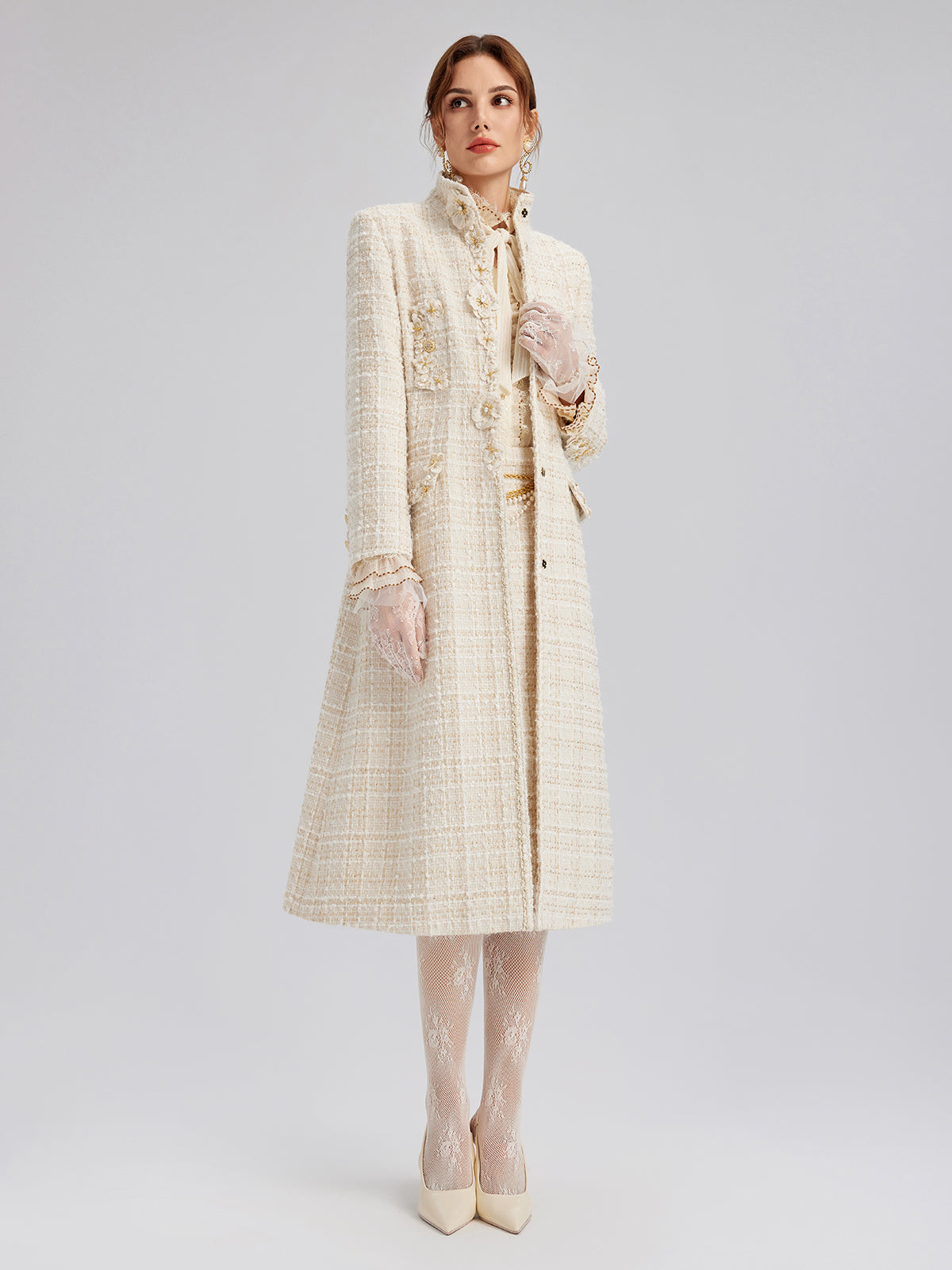 Two-Tone Check Tweed Hand-Beaded Floral Coat