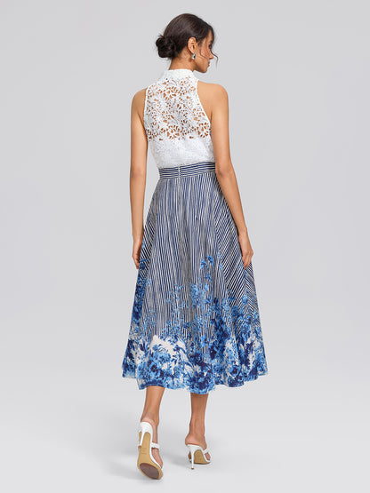 Cotton Stripe Floral Patchwork High-Waist Flare Skirt