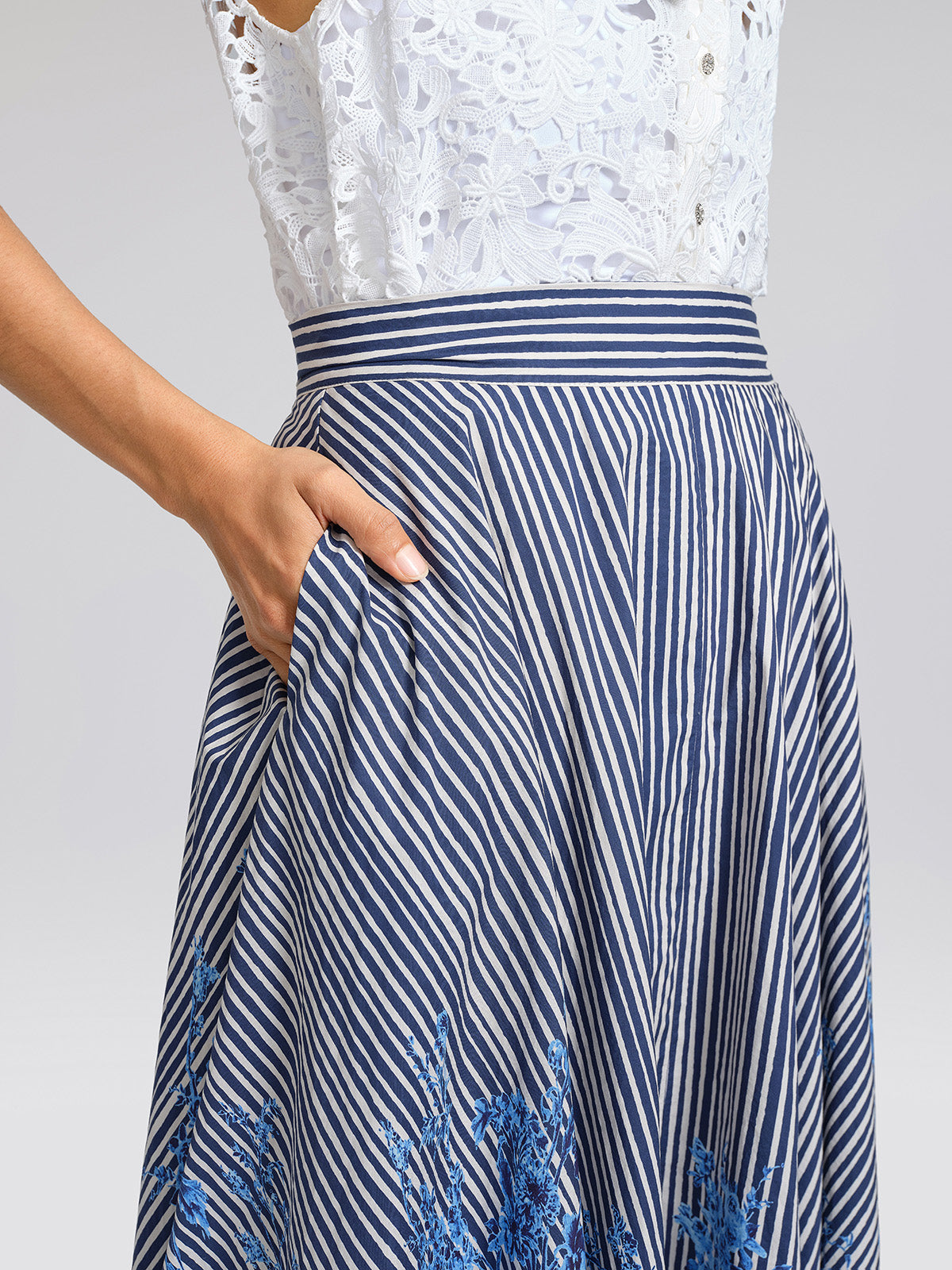 Cotton Stripe Floral Patchwork High-Waist Flare Skirt