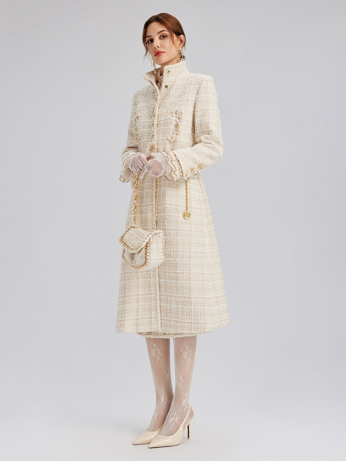 Two-Tone Check Tweed Hand-Beaded Floral Coat
