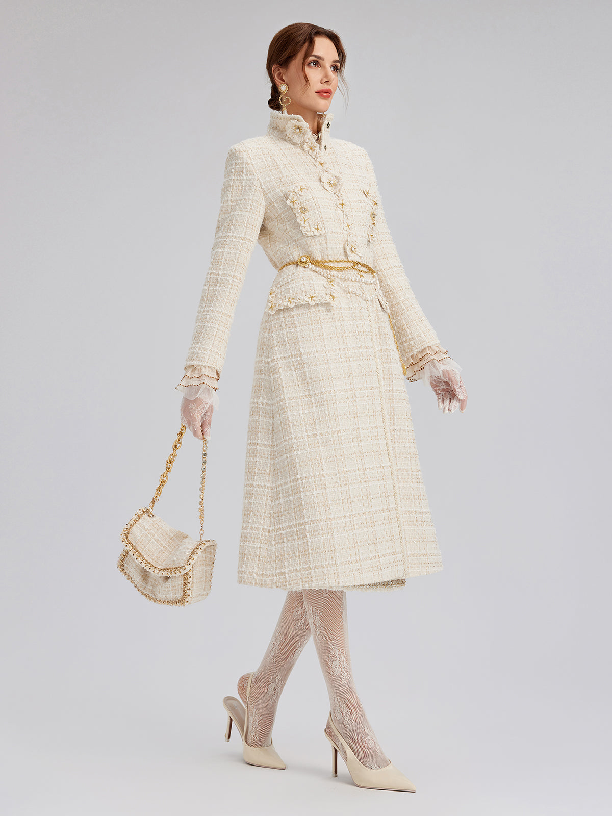 Two-Tone Check Tweed Hand-Beaded Floral Coat