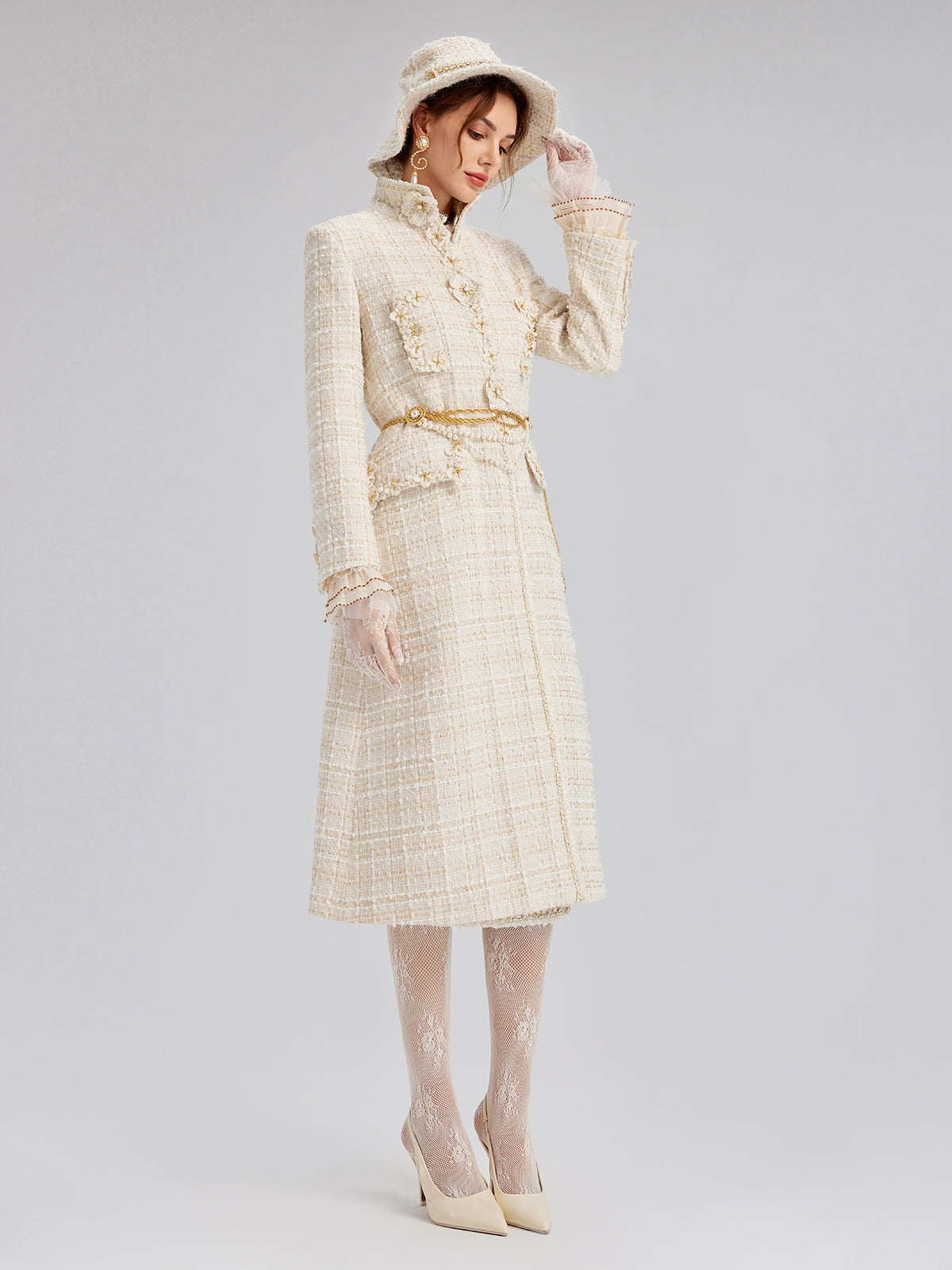 Hand-Beaded Floral Check Tweed Hat