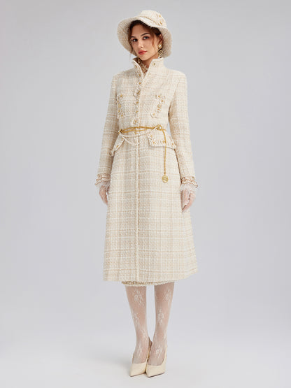 Hand-Beaded Floral Check Tweed Hat