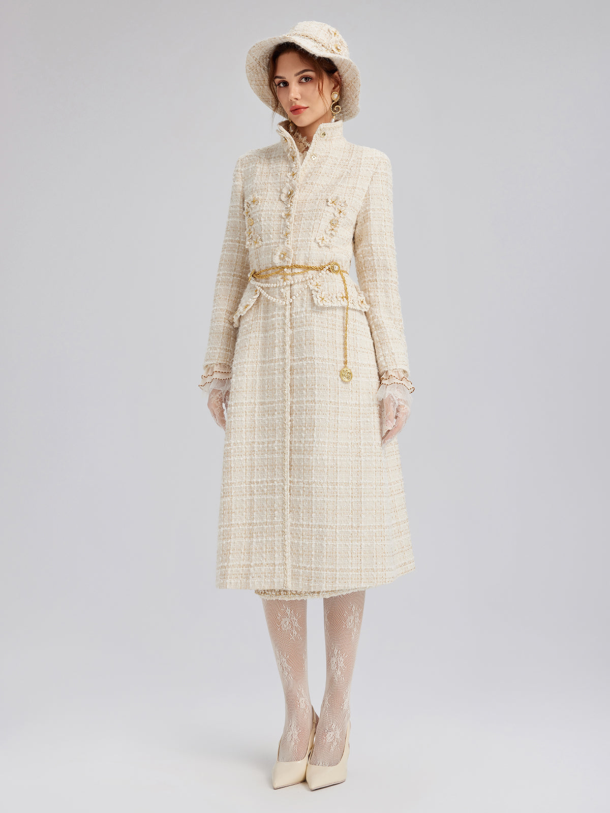 Two-Tone Check Tweed Hand-Beaded Floral Coat