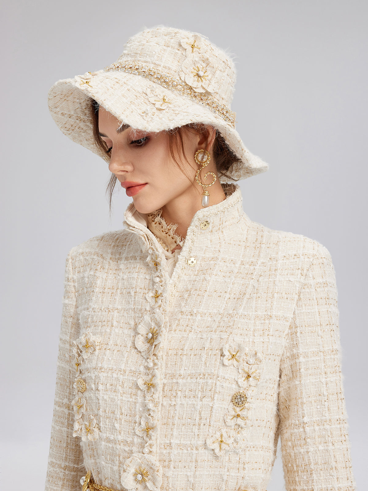 Hand-Beaded Floral Check Tweed Hat