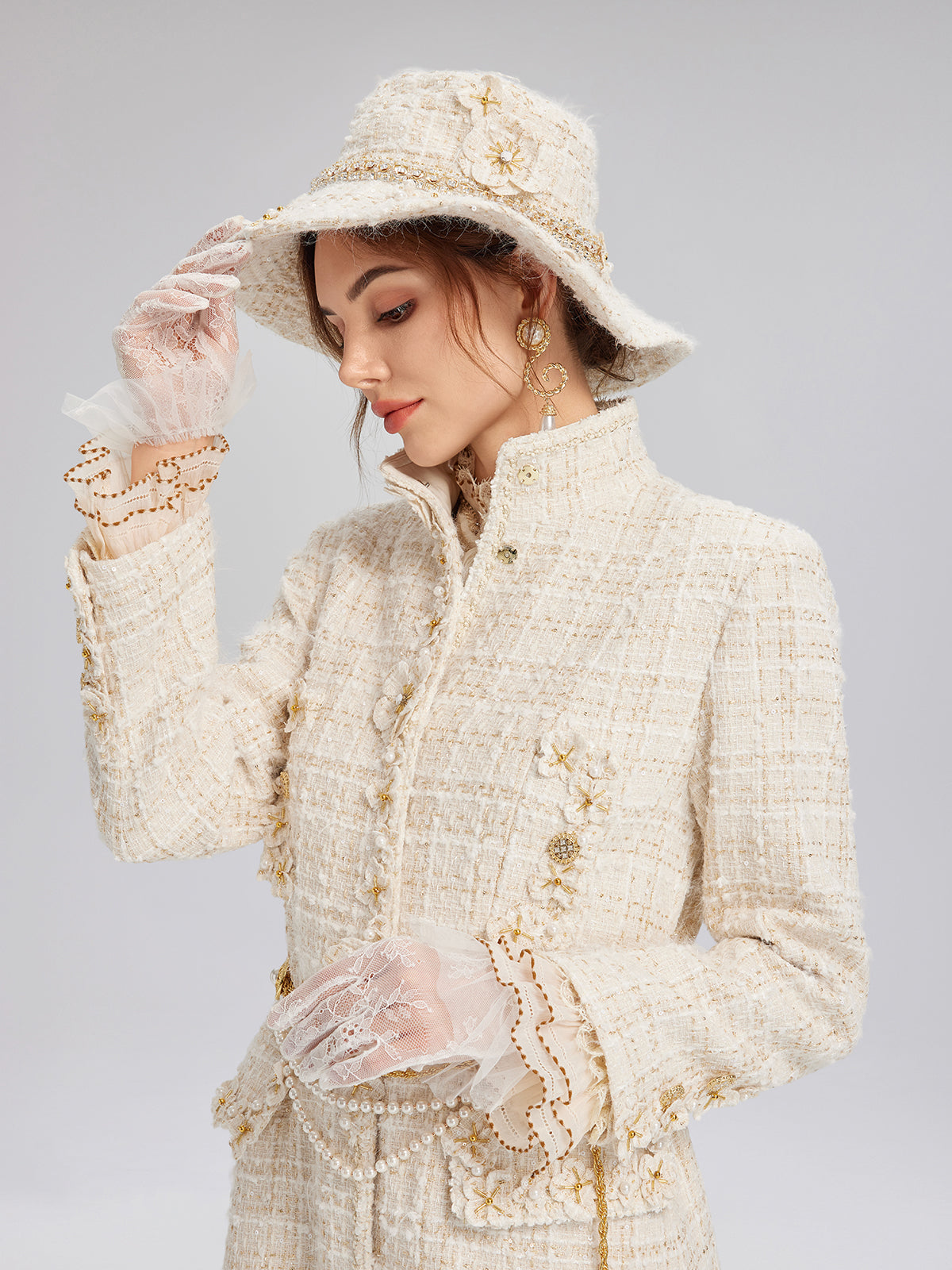 Hand-Beaded Floral Check Tweed Hat