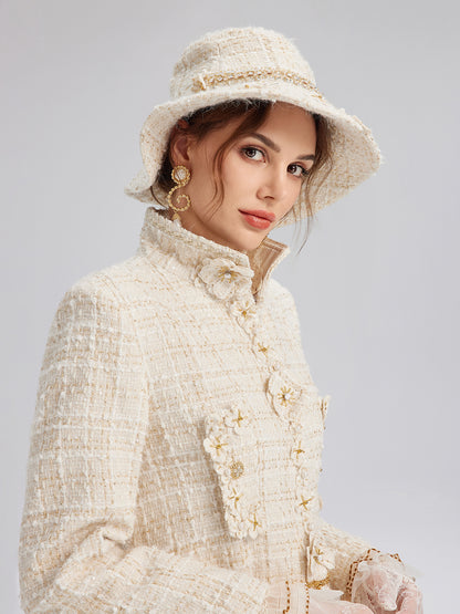 Hand-Beaded Floral Check Tweed Hat