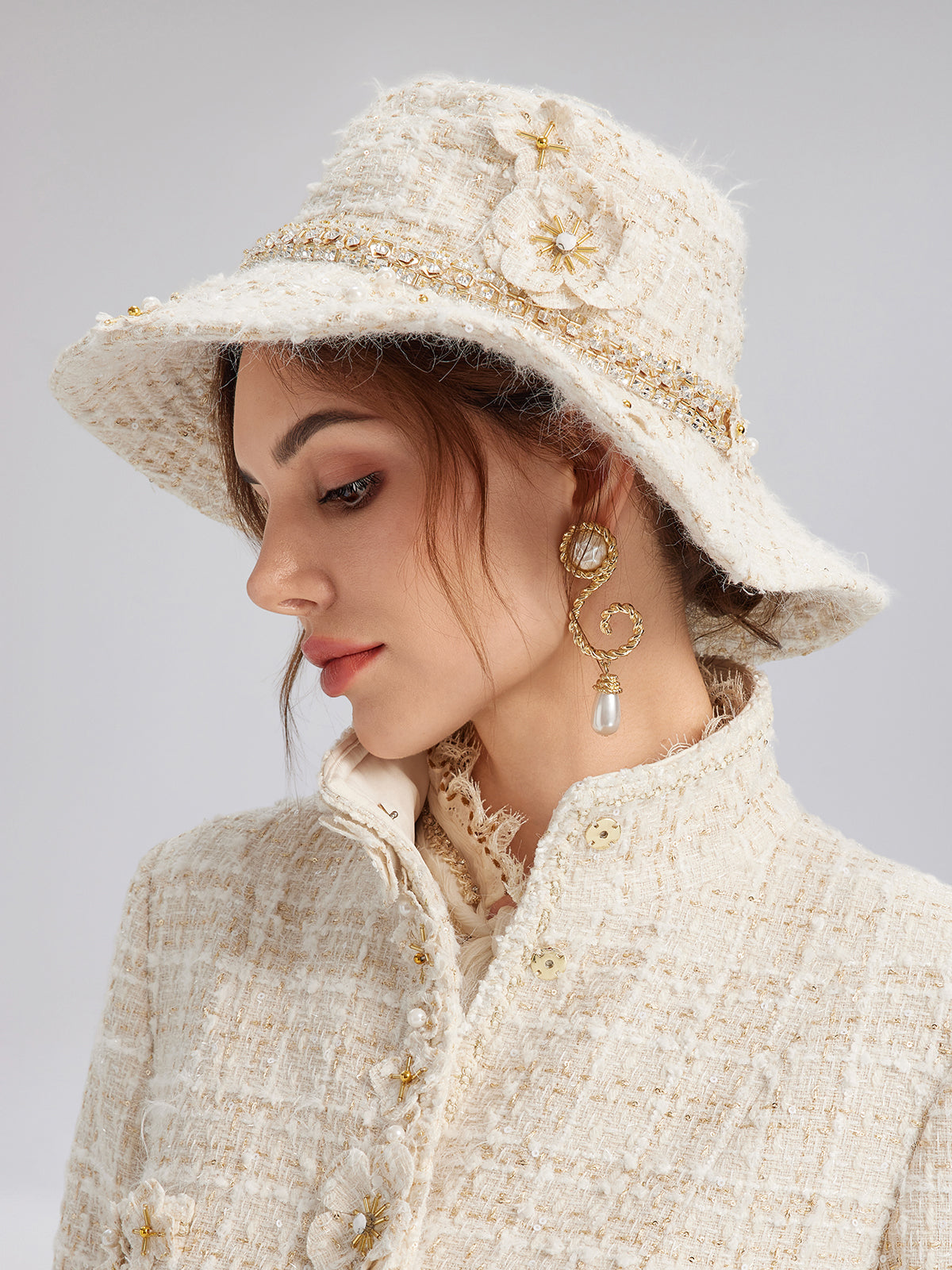 Hand-Beaded Floral Check Tweed Hat