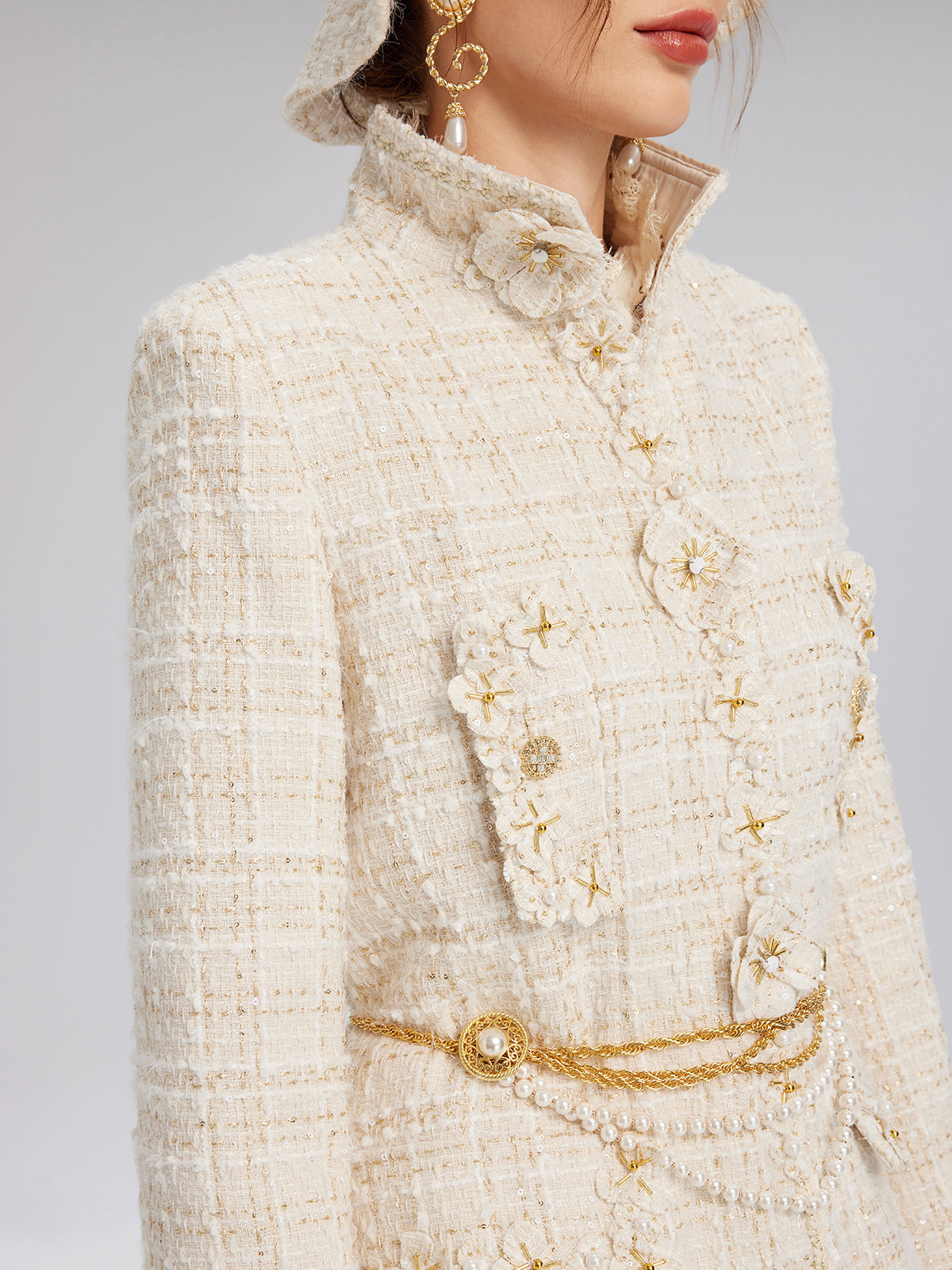 Two-Tone Check Tweed Hand-Beaded Floral Coat