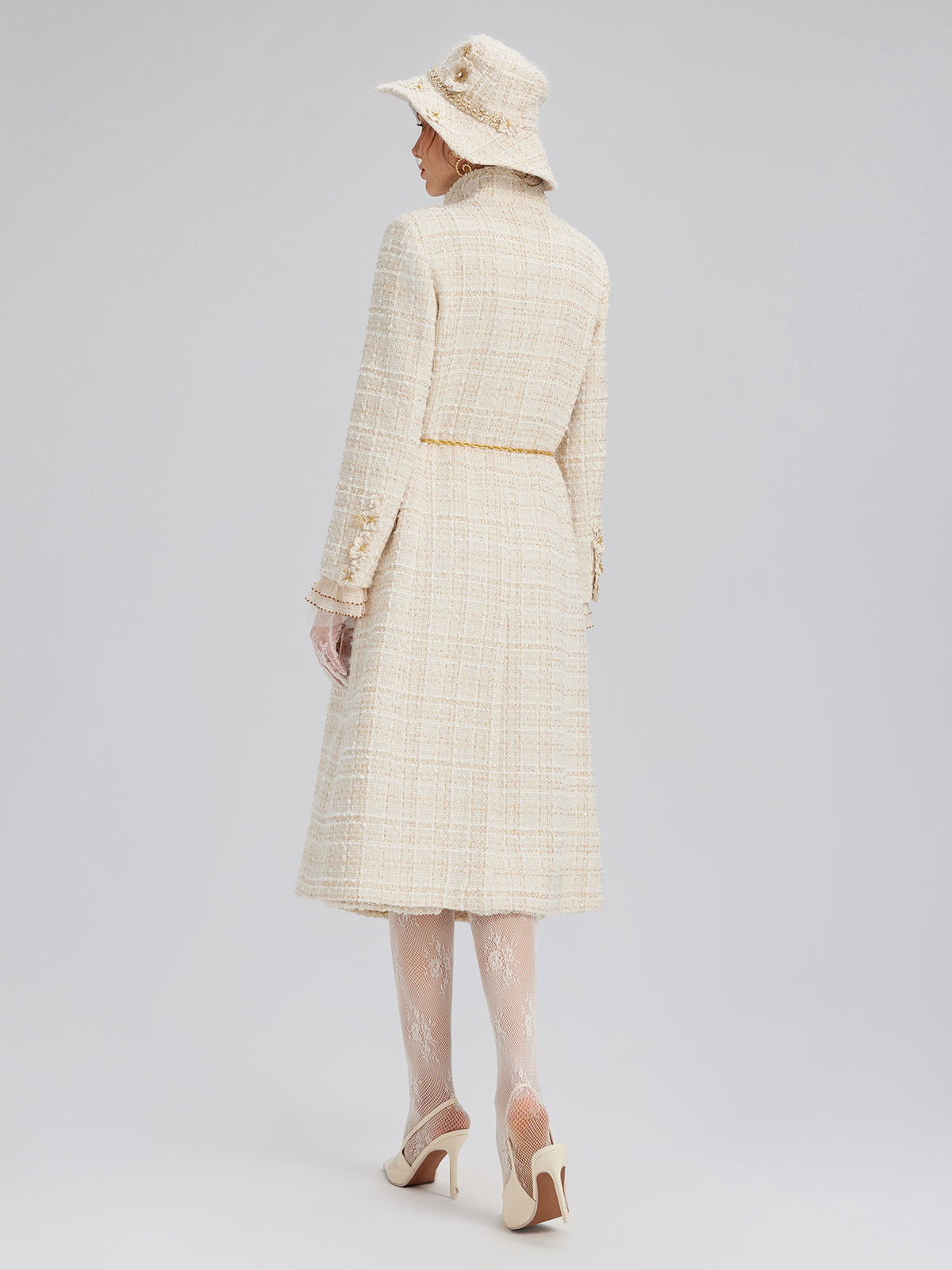 Hand-Beaded Floral Check Tweed Hat