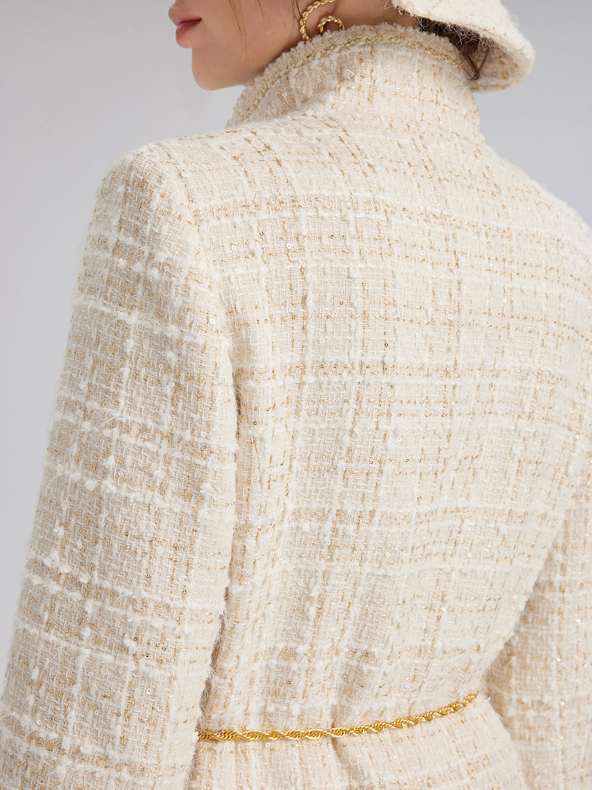 Two-Tone Check Tweed Hand-Beaded Floral Coat