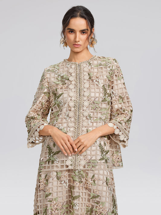 Grid Lace Floral Applique Jacket
