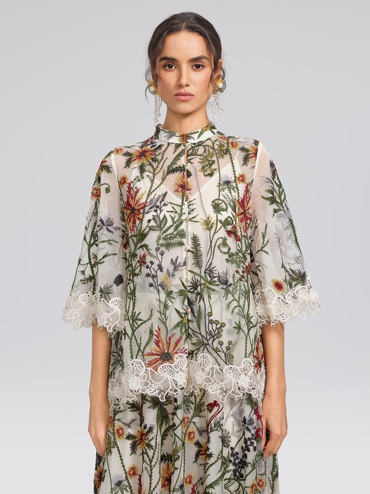 Floral Embroidered Lace Trim Blouse