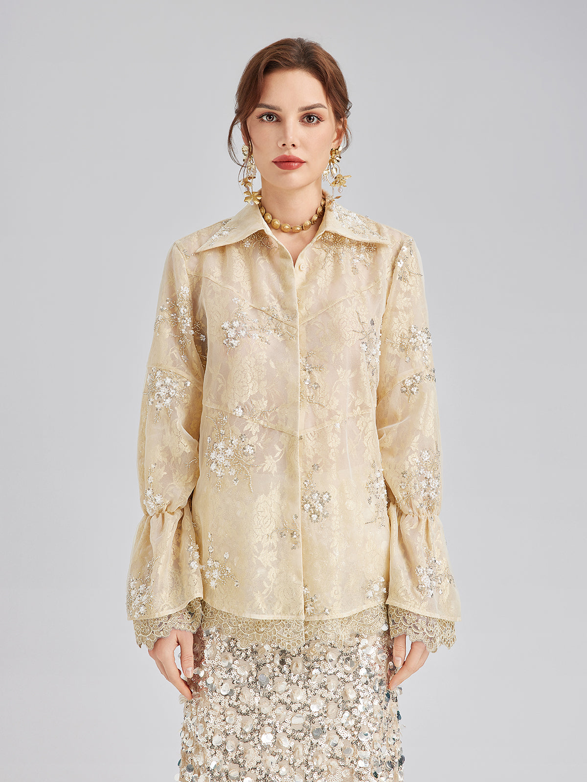 Final Sale | Sequin Bead Embroidered Organza Blouse