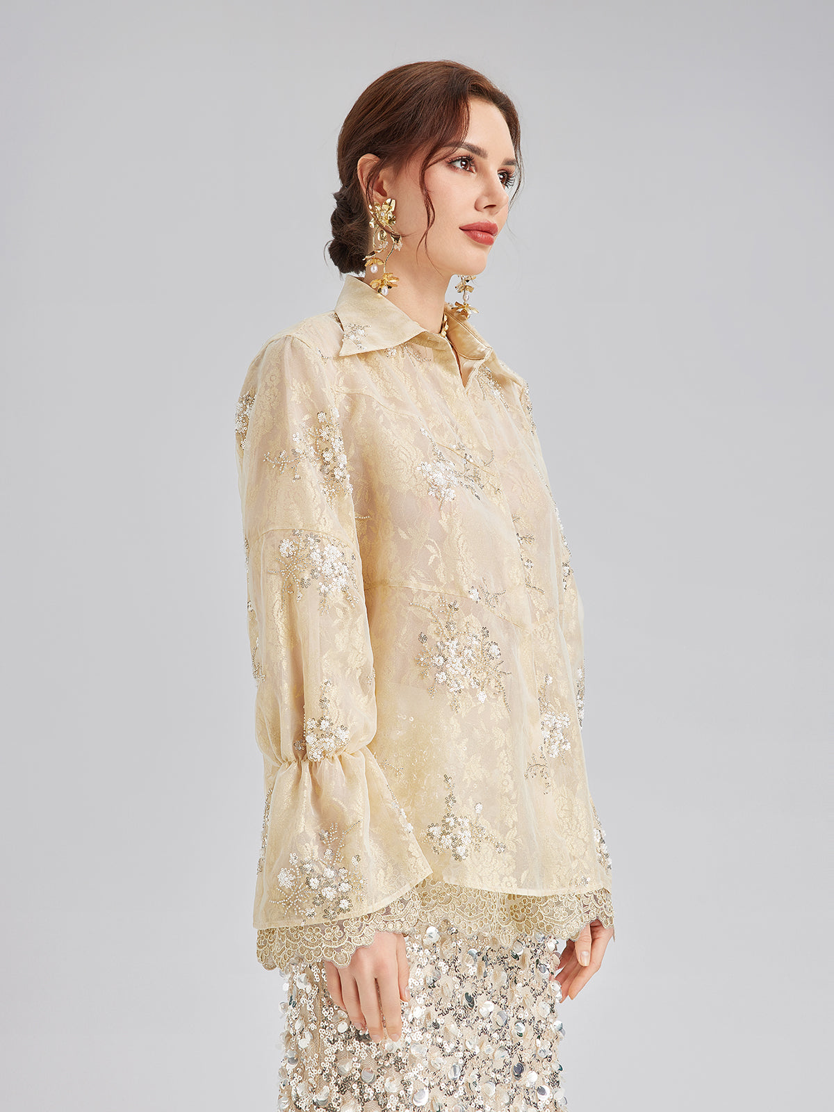 Final Sale | Sequin Bead Embroidered Organza Blouse