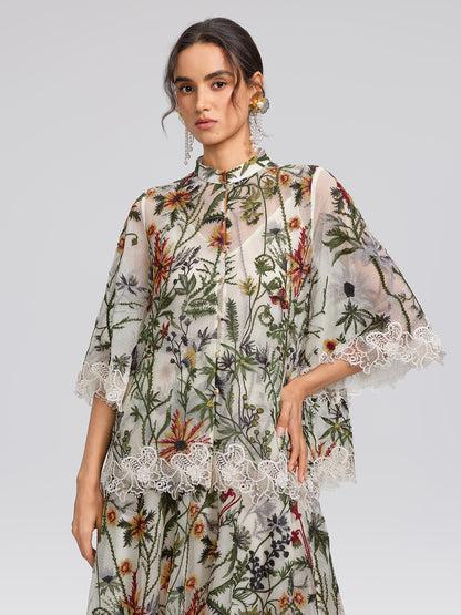 Floral Embroidered Lace Trim Blouse