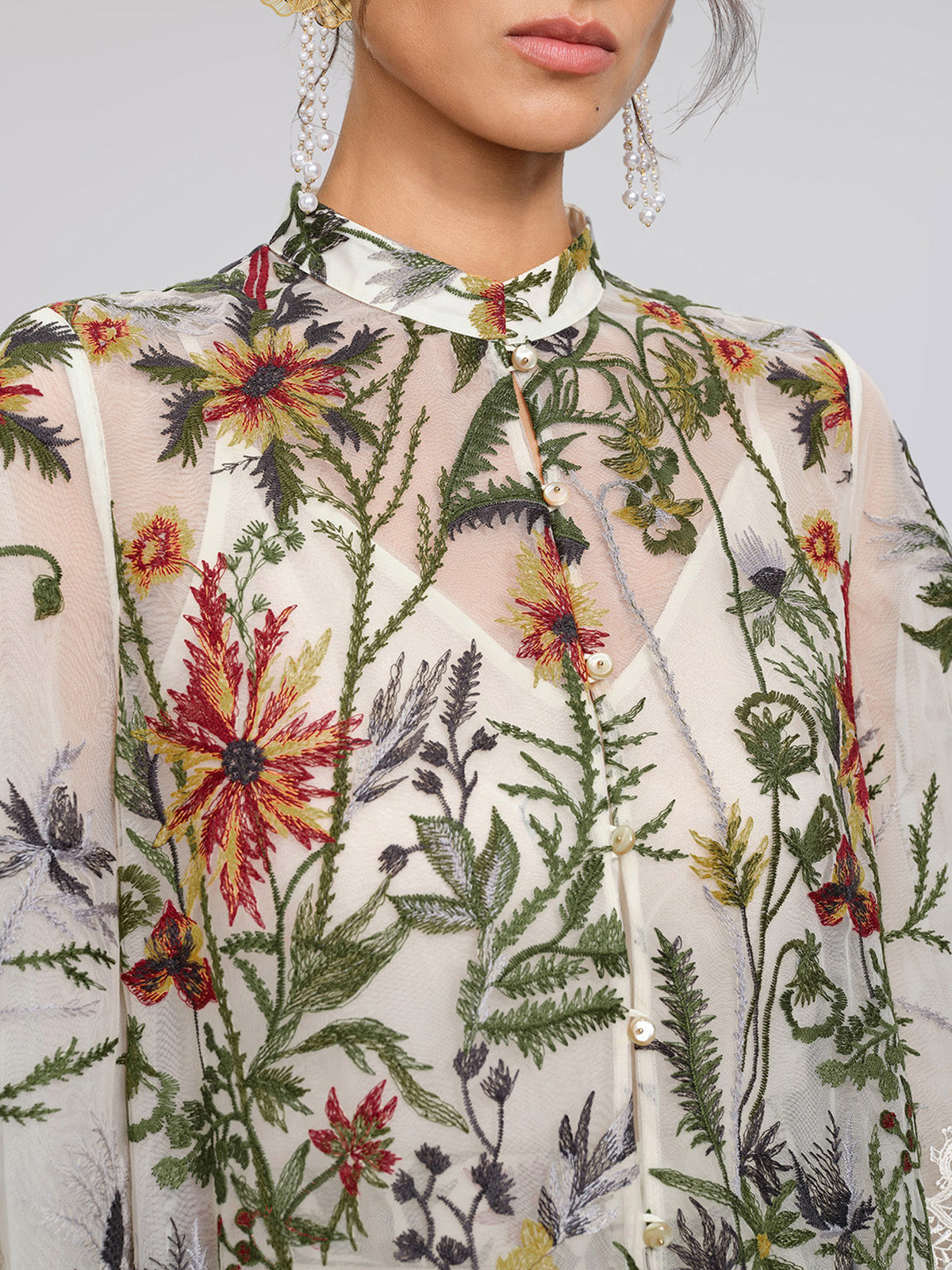 Floral Embroidered Lace Trim Blouse