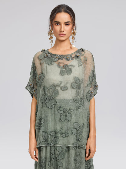 Silk 3D Flower Embroidered Hand Dyed Blouse