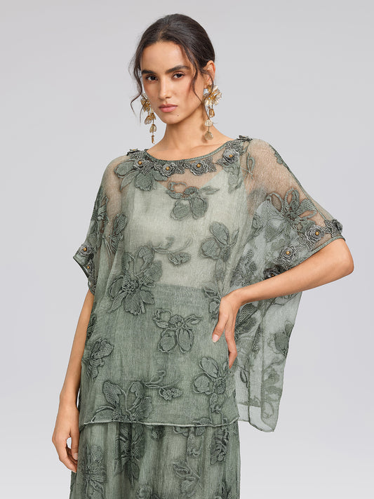 Silk 3D Flower Embroidered Hand Dyed Blouse