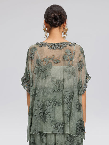 Silk 3D Flower Embroidered Hand Dyed Blouse