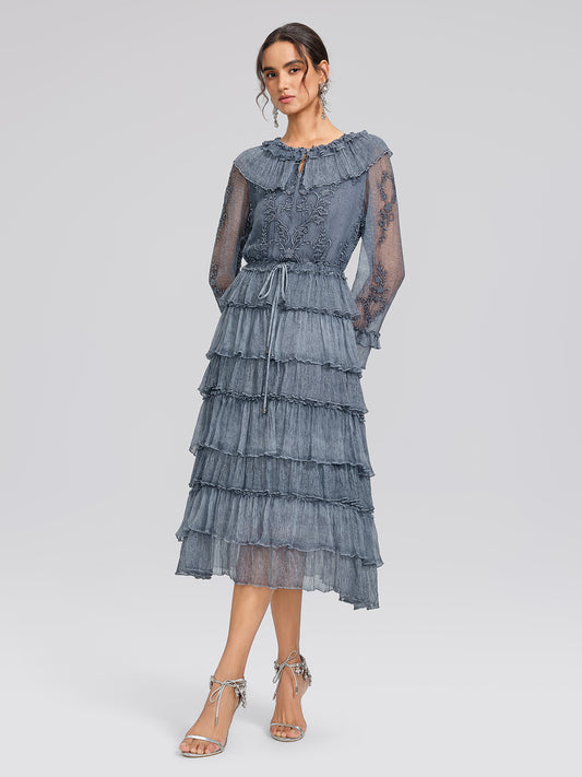 Silk Mesh Floral Embroidery Dress