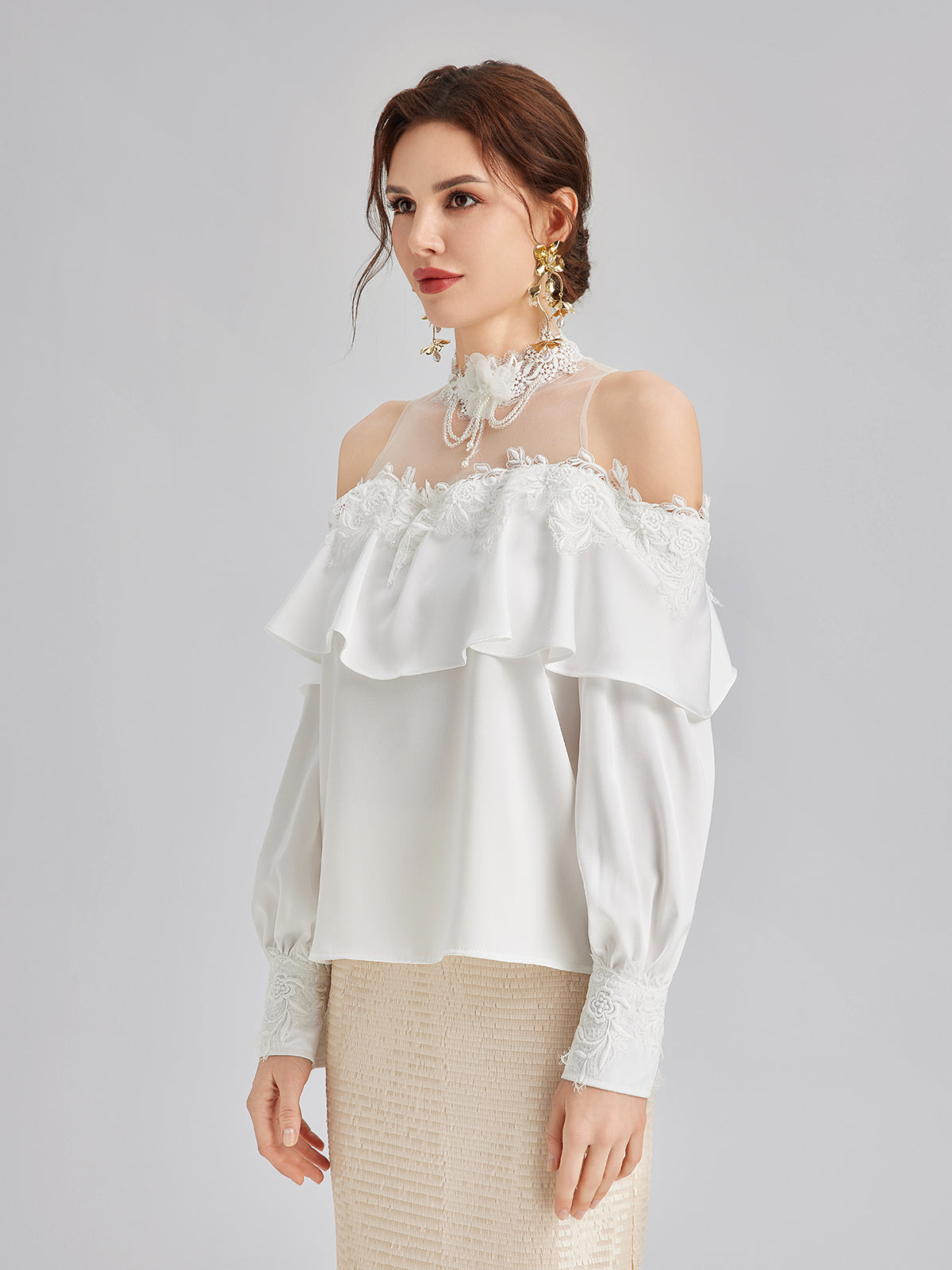 Final Sale | Off-Shoulder Ruffle Lace Mesh Top