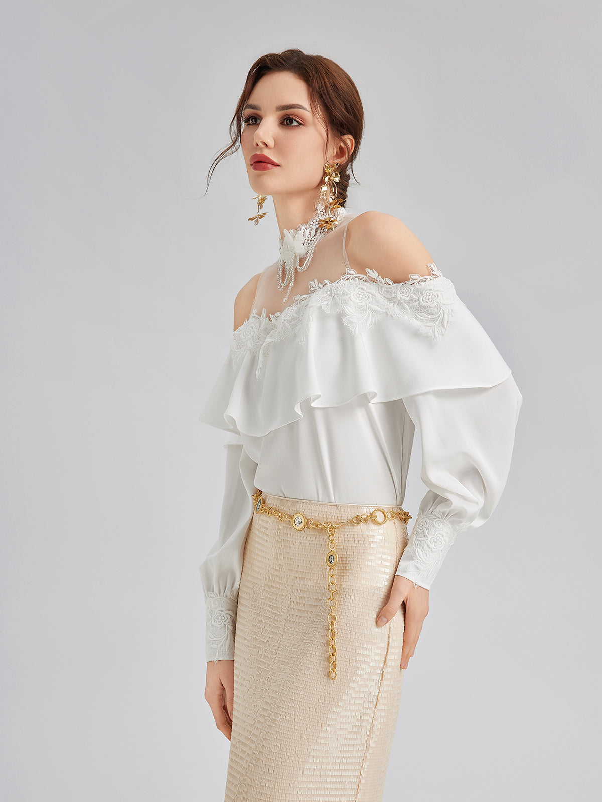 Final Sale | Off-Shoulder Ruffle Lace Mesh Top