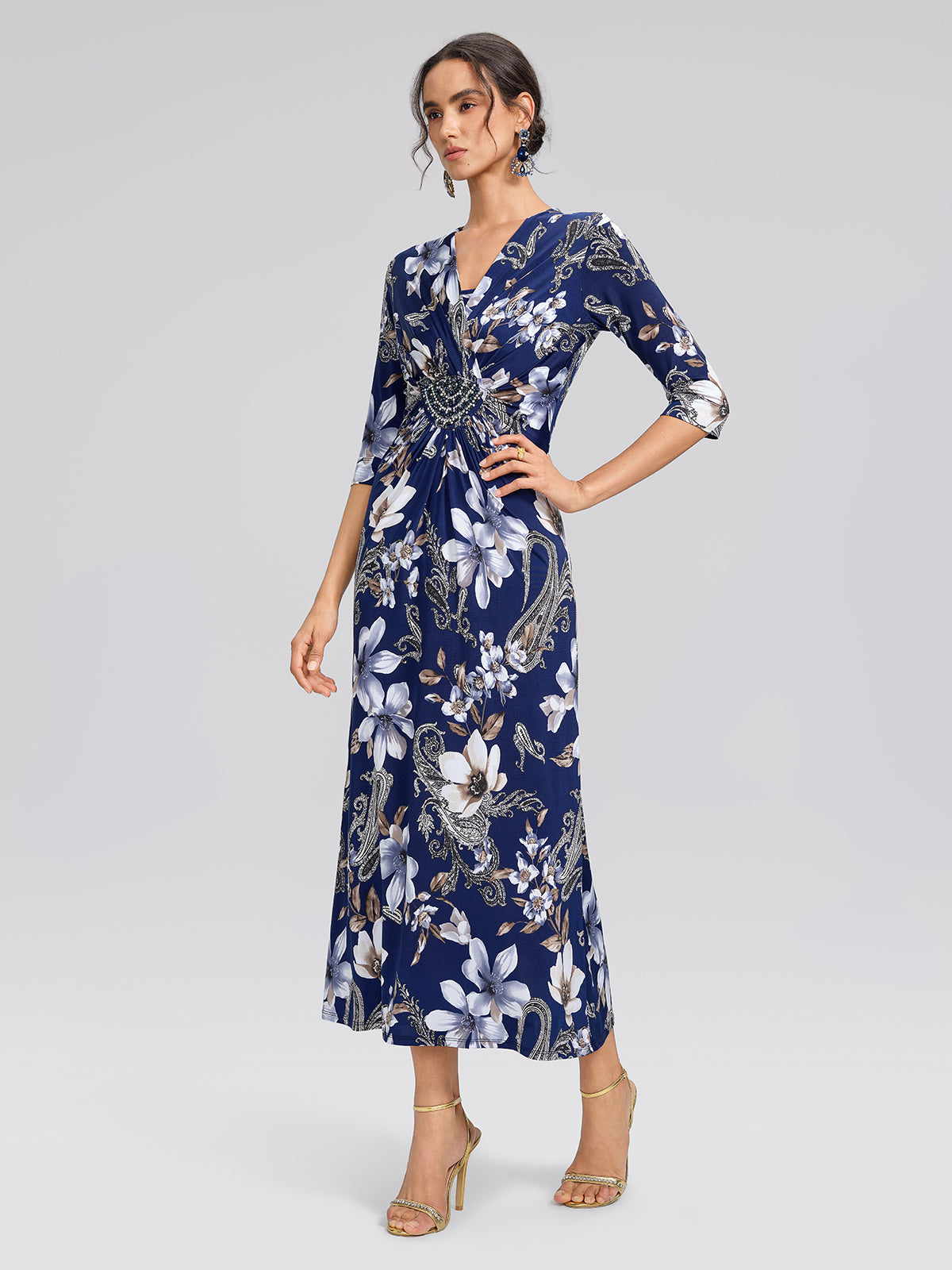 Ice-Silk Knit Beaded-Waist Floral Paisley Dress