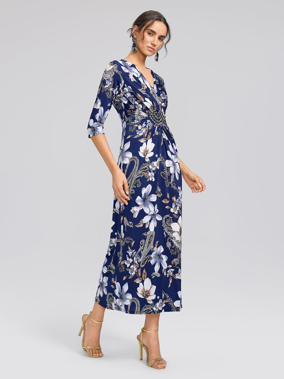 Ice-Silk Knit Beaded-Waist Floral Paisley Dress