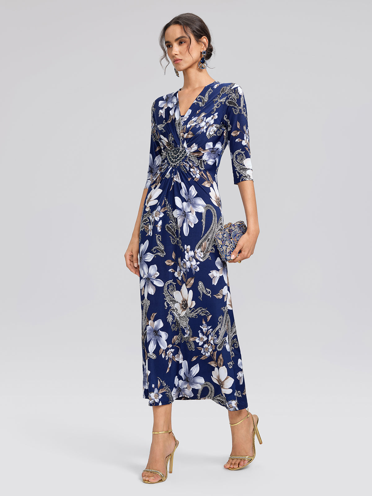 Ice-Silk Knit Beaded-Waist Floral Paisley Dress