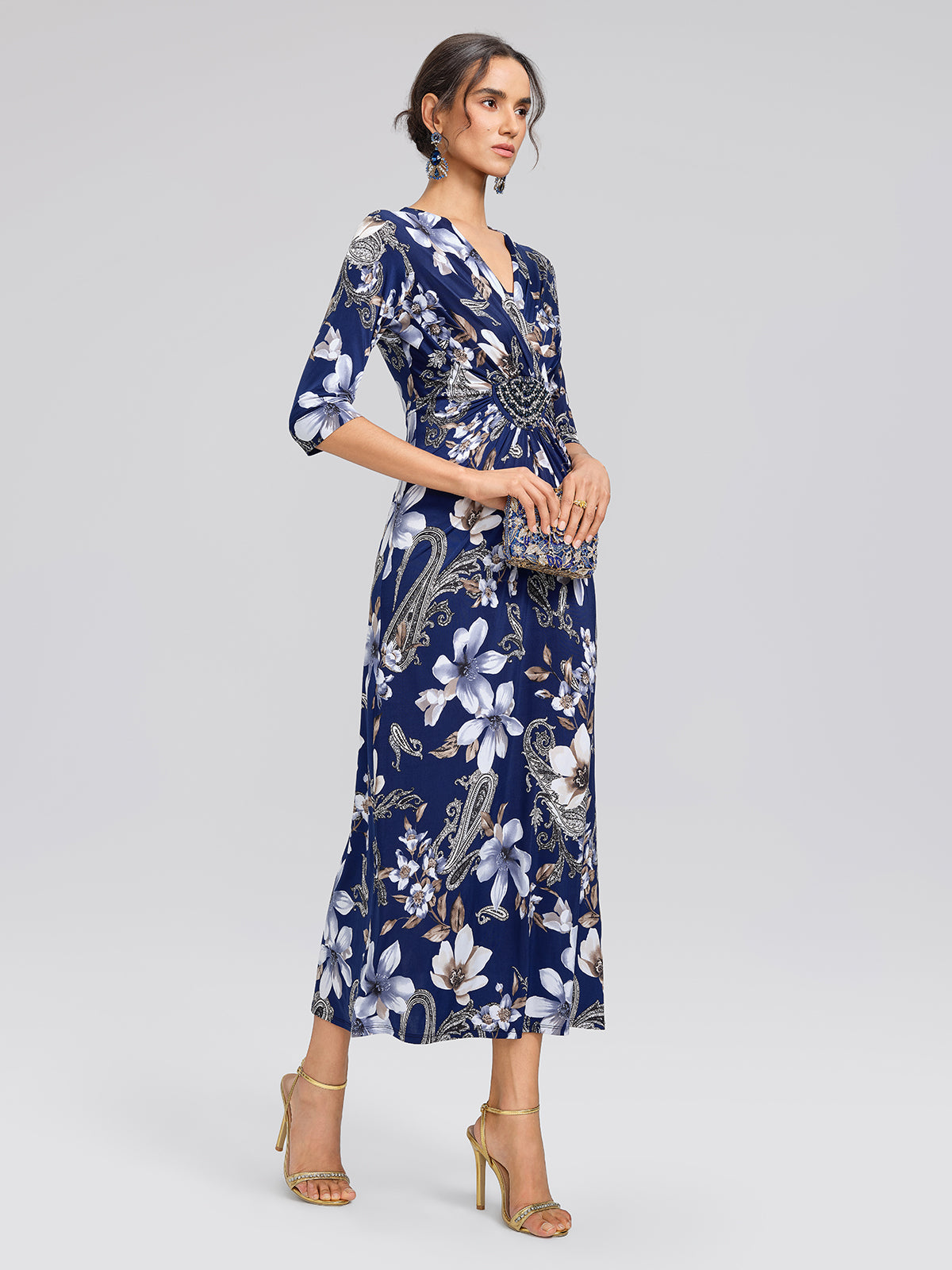 Ice-Silk Knit Beaded-Waist Floral Paisley Dress