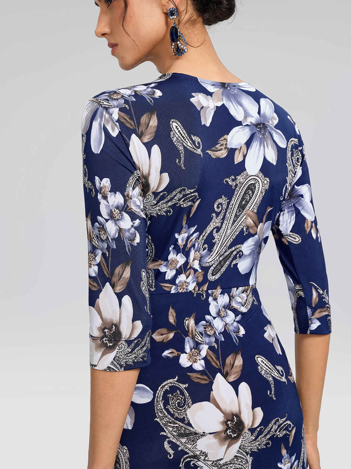 Ice-Silk Knit Beaded-Waist Floral Paisley Dress
