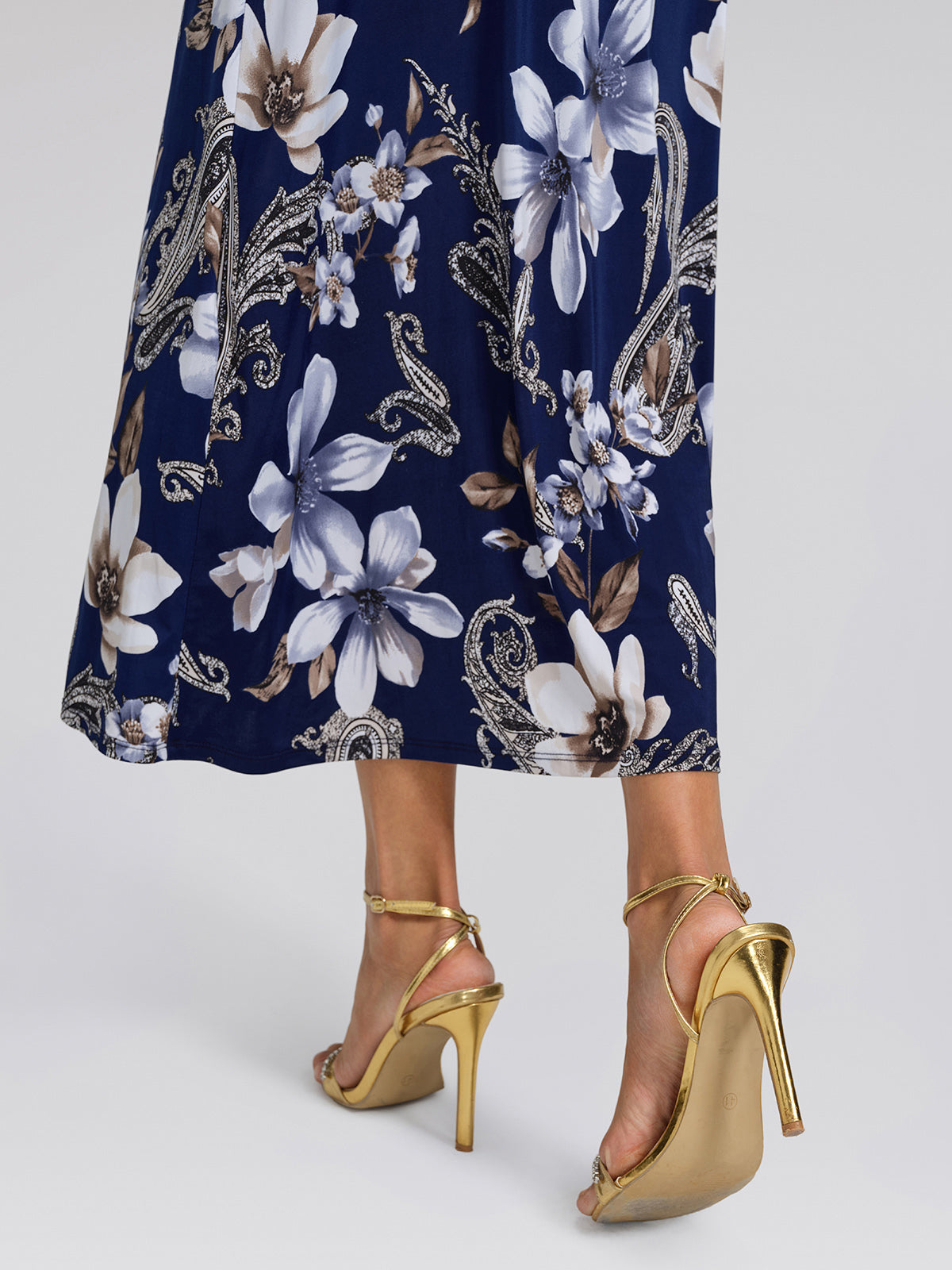 Ice-Silk Knit Beaded-Waist Floral Paisley Dress