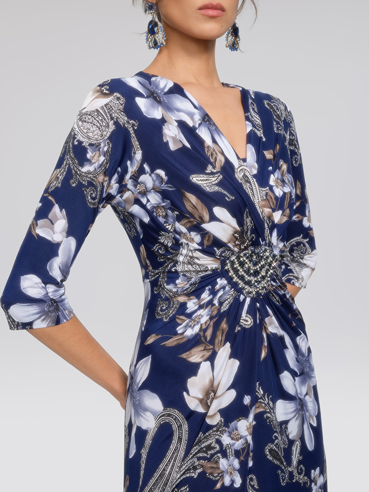 Ice-Silk Knit Beaded-Waist Floral Paisley Dress