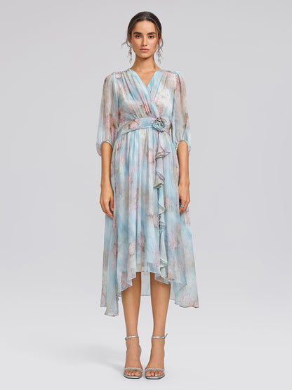 Silk Watercolor Floral 3D Flower V-Neck Waist Dress