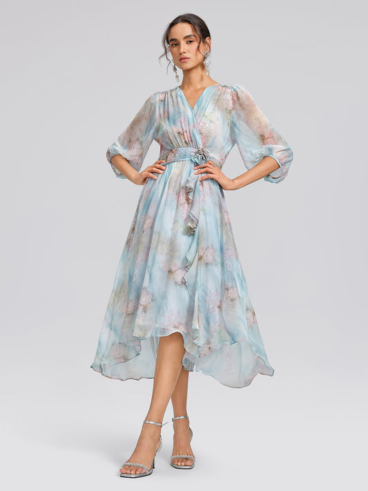 Silk Watercolor Floral 3D Flower V-Neck Dress