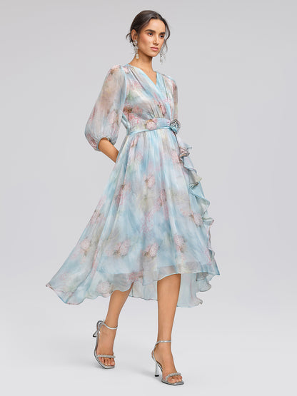 Silk Watercolor Floral 3D Flower V-Neck Waist Dress
