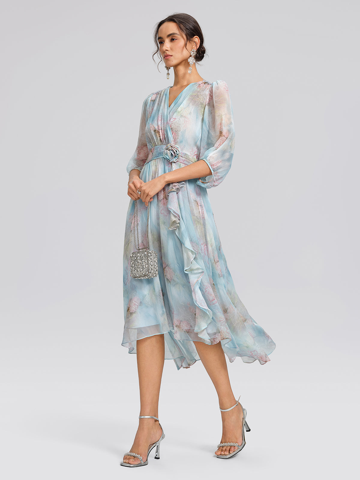 Silk Watercolor Floral 3D Flower V-Neck Waist Dress